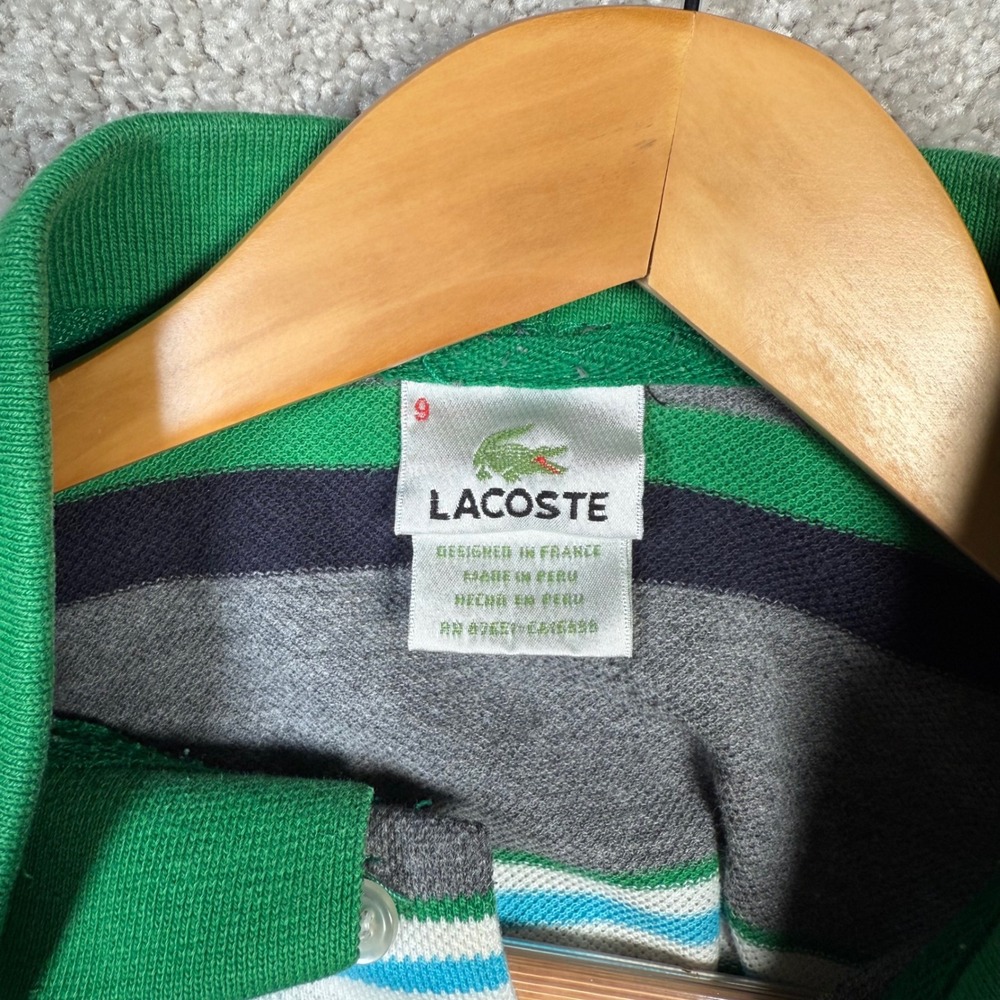 Lacoste Striped‎ Polo Shirt Mens Green Gray Blue White Size 9 Cotton - Picture 8 of 8